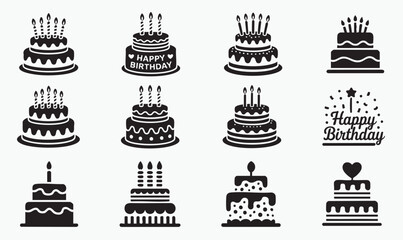 Set of Happy Birthday cake icons vector silhouette black on white background