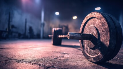 Dark Gym Interior With Barbell On Concrete Floor