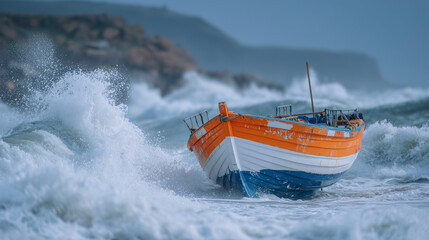 Tiny orange boat nearly engulfed by a crashing wave, yet a sudden flash of light breaks through swirling gray skies, touching the boat with ethereal warmth amid the turmoil