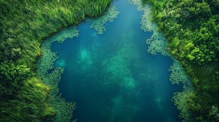 Fototapeta premium Top view of lush wetland landscape with reeds grass and small ponds symbolizing natural beauty and ecological harmony