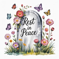 Colorful Floral Tribute at a Gravestone Surrounded by Butterflies in a Serene Garden Setting
