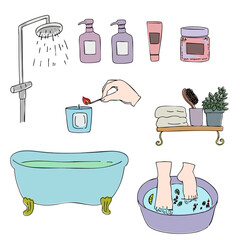 お洒落なお風呂の小物アイコンセット・バスルーム・癒し・ラベル・挿絵