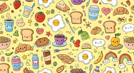 Joyful Kawaii Breakfast Characters: A Colorful and Cute Seamless Food Pattern