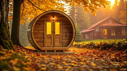 Round wooden barrel sauna in autumn forest with warm lighting and cabin in background surrounded by colorful fall leaves and peaceful nature

