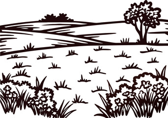 Fototapeta premium Hand drawn rural landscape with meadow trees and grass in vintage engraving