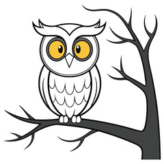 Fototapeta premium Cartoon owl with large yellow eyes perched on a bare tree branch