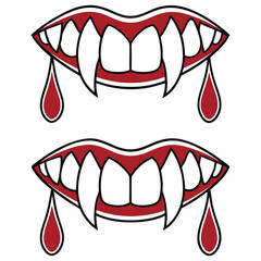 Cartoon style illustration of vampire fangs, upper and lower lip, with blood