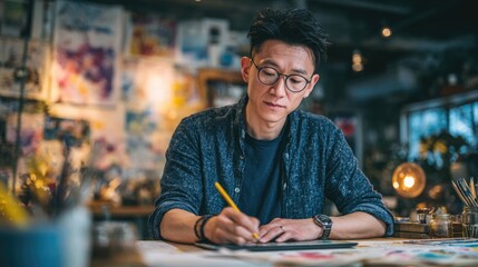 Creative artist sketching in a vibrant studio setting.
