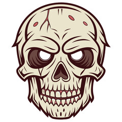 Cartoon style skull illustration featuring cracks and menacing blank eye sockets