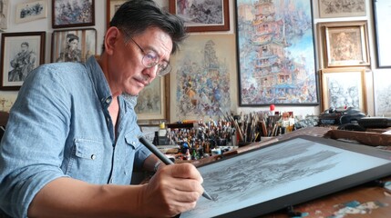 Artist sketching in a studio filled with framed artwork.