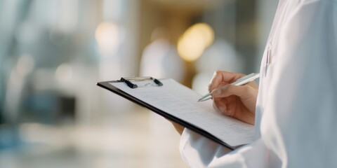 The doctor writing notes on clipboard in a busy healthcare environment.