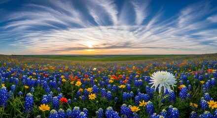 Fototapeta premium Vibrant Sunset over Texas Bluebonnet Field: A Panoramic Vista of Wildflowers