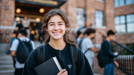 Portrait of cheerful teen standing near school steps, book in hand, surrounded by soft blur of friends talking and walking past, brick walls and school signage behind add context o