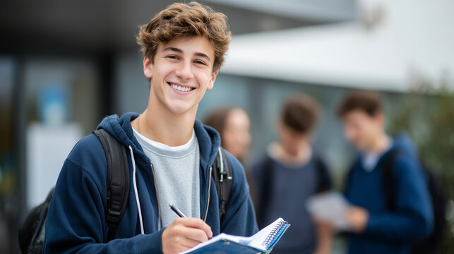 Laughing teenage student showing notes from a notebook to a group of friends, holding the book with one hand while gesturing, school entrance and other students blurred behind