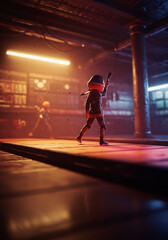 A stylized, futuristic scene depicts a lone figure, possibly a young warrior, walking purposefully through a dimly lit, industrial corridor, while another fi...