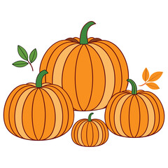Four stylized pumpkins of varying sizes with green stems and leaves