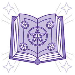 Illustrated grimoire with pentagram surrounded by stars and bursts of magical energy