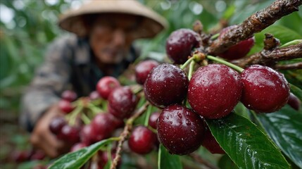 Harvesting ripe coffee cherries in lush greenery.