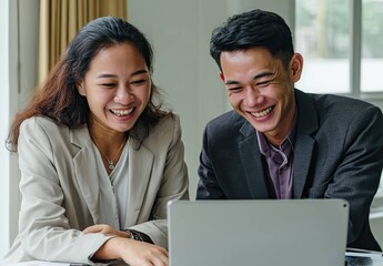 Obraz premium Young Asian Professionals Collaborating in Business Attire in a Bright Digital Office Environment