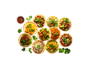 Vibrant assortment of mini street tacos with diverse fillings fresh cilantro and salsa.