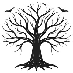 Spooky Silhouette Tree with Bats for Halloween or Gothic Designs
