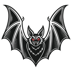 Stylized Halloween Bat Illustration with Red Eyes and Sharp Teeth, Black and White