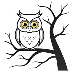 Stylized owl with yellow eyes perched on a branch of a bare tree