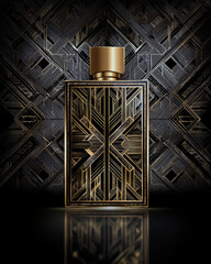 Art Deco style: luxury perfume packaging background, black and gold geometric pattern, elegant symmetry, high-class texture