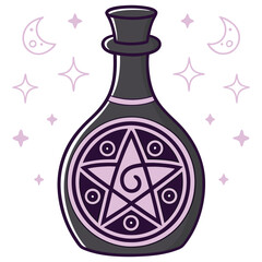Whimsical potion bottle with pentagram, stars and moon in pastel colors