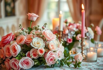 Obraz premium Pastel flowers and candles adorn a romantic table setting, arrangement, floral