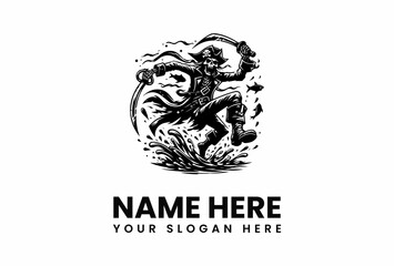 Fierce Pirate Skeleton Brandishing Sword Jumping with Water Splash Effect.