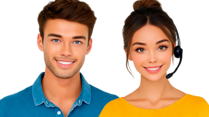 Smiling man with blue eyes wearing a blue shirt woman wearing headset and yellow top transparent background