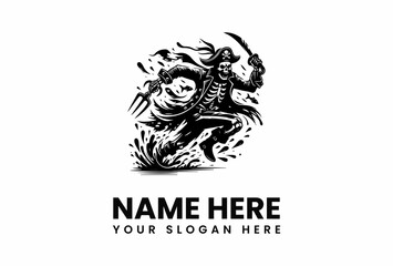 Fierce Pirate Skeleton with Trident and Cutlass Running in Action.