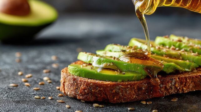 Olive oil reduce dementia. Avocado toast drizzled with olive oil, served on a rustic background.