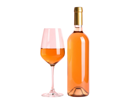 Blank Rosé Wine Bottle with Empty Wineglass on Soft Pink Background, Centered Mockup Template, Transparent PNG