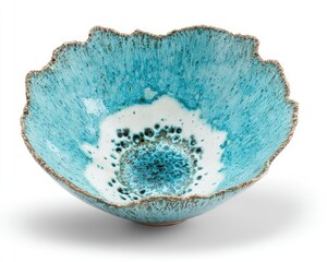 Turquoise Floral Ceramic Bowl On White Background