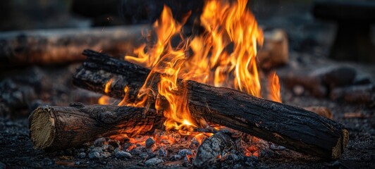 The vibrant campfire crackling with warmth and inviting glow at dusk.