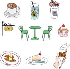 オシャレなカフェのスイーツセットイラスト・ラベルデザイン・挿絵