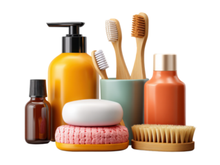 Bath Essentials: A close-up shot showcasing a collection of bath essentials, meticulously arranged to emphasize hygiene, wellness, and the essence of personal care.