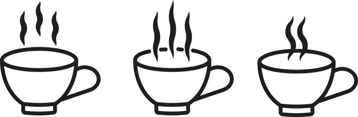 Simple black line art icons of steaming hot coffee cups. Set of three minimalist coffee mugs with steam lines, perfect for cafe, breakfast, or beverage-related design