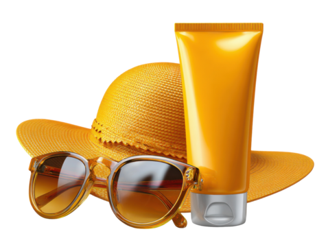 Sun Protection Essentials: A bright, sunlit composition featuring essential items for sun protection, including a stylish hat, fashionable sunglasses, and a tube of sunscreen.