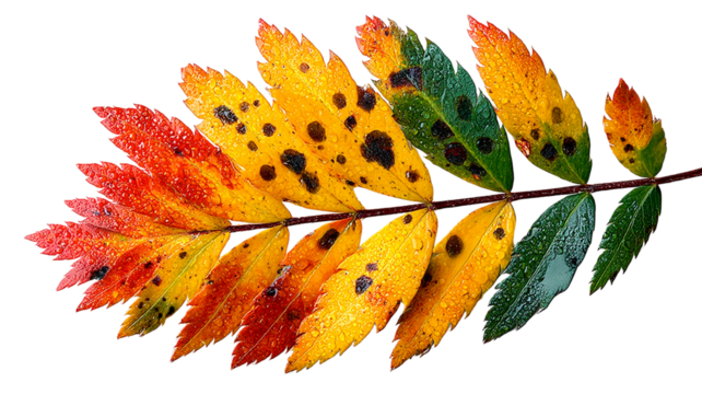 Autumn leaf cluster with water droplets and dark spots transitioning colors transparent background