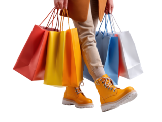 Shopping Spree Delight: A person joyfully strides forward, clutching colorful shopping bags, showcasing the vibrant hues and excitement of a shopping excursion.