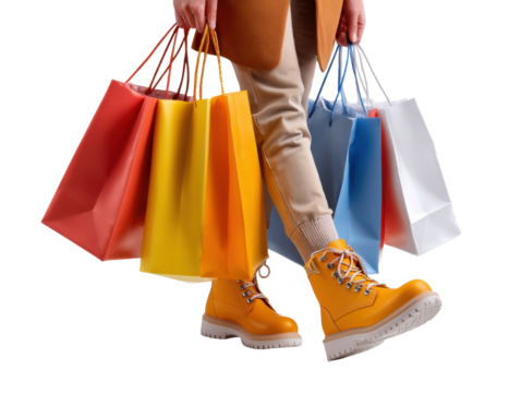 Shopping Spree Delight: A person joyfully strides forward, clutching colorful shopping bags, showcasing the vibrant hues and excitement of a shopping excursion.