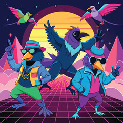 Retro 80s synthwave birds dancing and grooving with sunglasses and neon lights