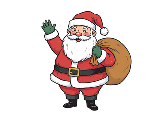 Cheerful Santa Claus Waving with Gift Sack.