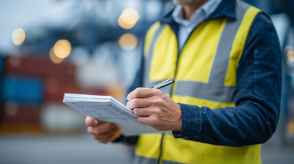 Close-up of cargo airport workerâs hands holding detailed shipping documents, pen poised above signature line, background softly blurred showing cargo containers and airplane tail,