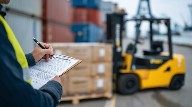Macro view of cargo verification form under inspection, workerâs hand marking completion, blurred silhouette of forklift and stacked pallets with cargo containers in the background