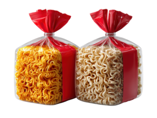 Instant Noodles Packs: Two packs of instant noodles, each showcasing perfectly coiled noodles, presented in transparent packaging with a distinctive red top seal.