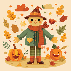 Friendly scarecrow character surrounded by autumn leaves and pumpkins in a whimsical fall scene